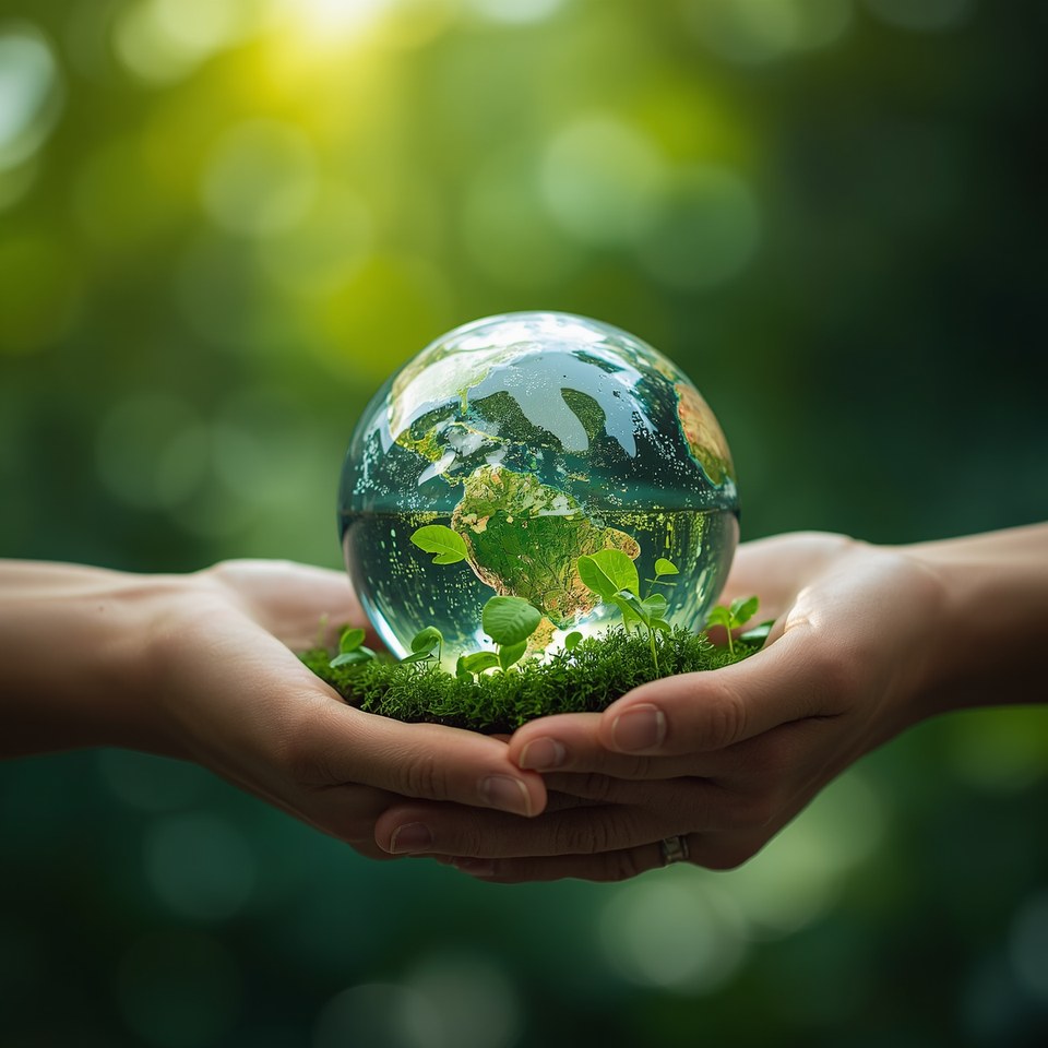 Hands holding a glass globe surrounded by greenery